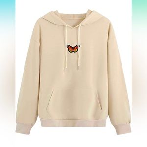NWT Small Beige Butterfly Embroidery Kangaroo Pocket Drawstring Hoodie